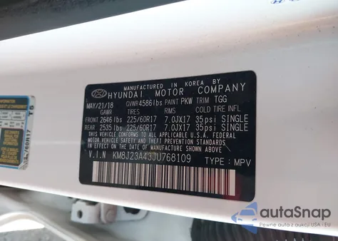 2018 Hyundai Tucson Se z USA, uszkodzony, nr VIN KM8J23A43JU768109
